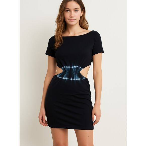 LNA Clothing SZ M Cotton Black Short Sleeve Dress Tie Dye Waist Open Back NWT - Picture 1 of 8